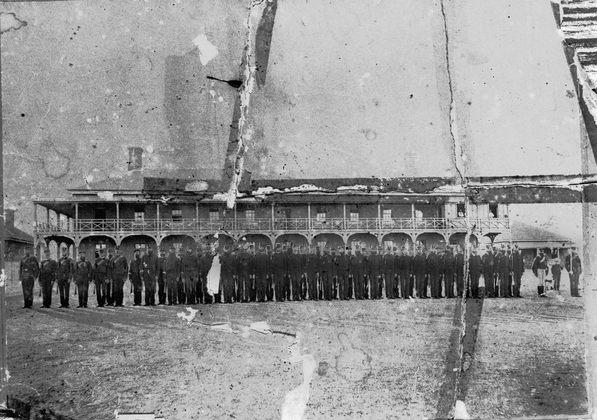 Police on parade at the Petrie Terrace Police Barracks, Brisbane, 1867