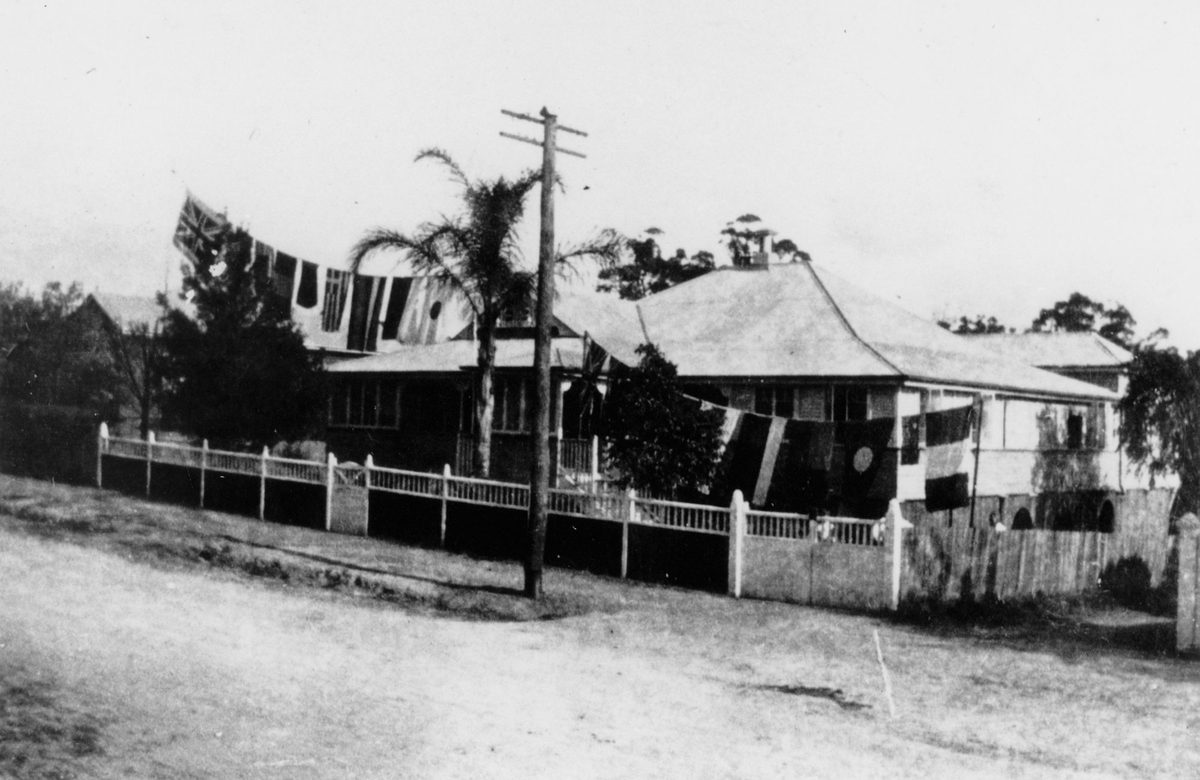 House in Clayfield decorated to celebrate the return of a soldier from World War I, 1919