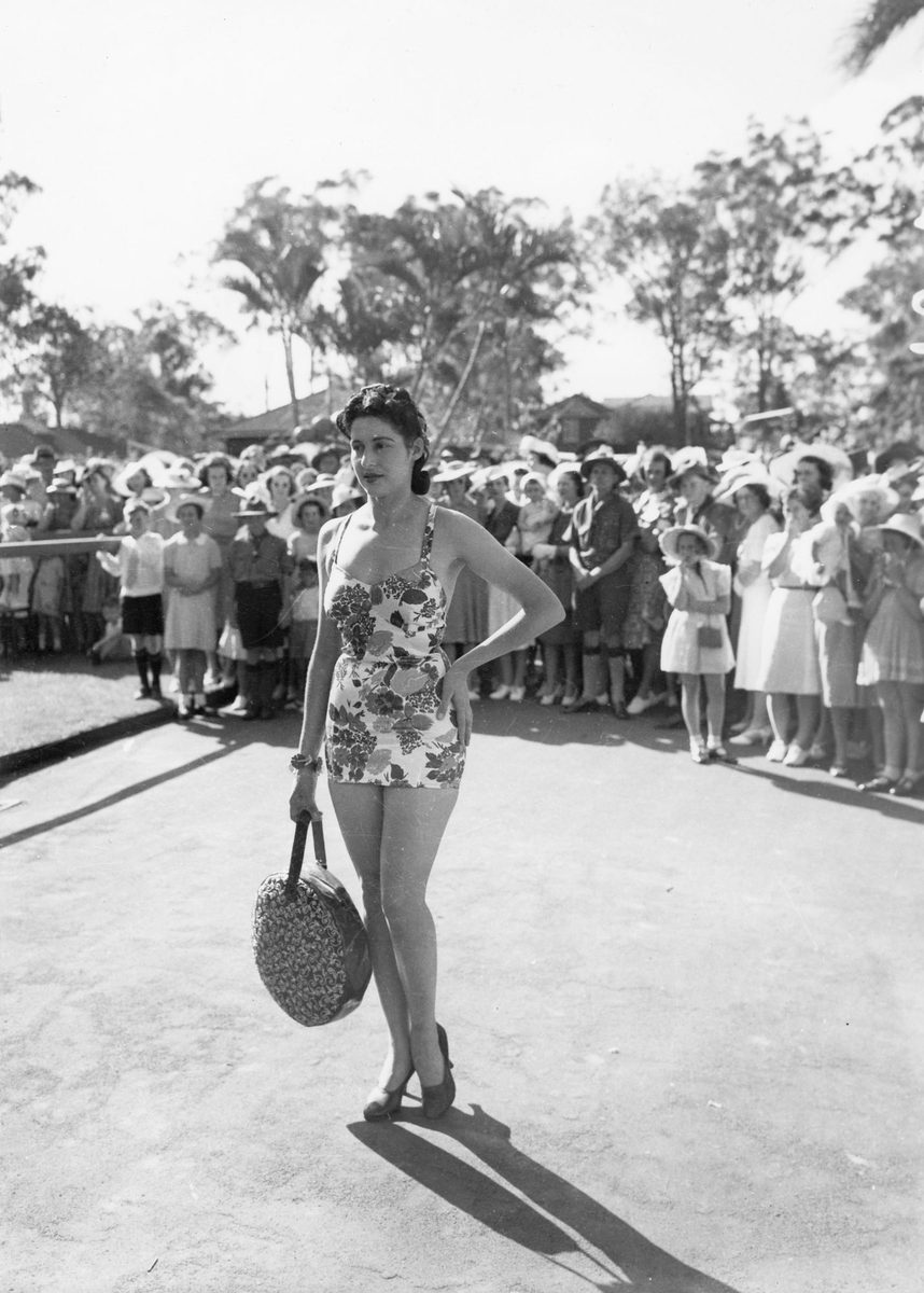 Swimsuit model at the Red Cross Fete held in the grounds of Government House, Brisbane, 1940, Bardon