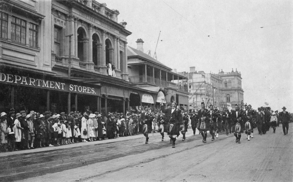 Bagpipe players lead the Eight Hour Day down Queen Street, Brisbane, 1924, Brisbane City