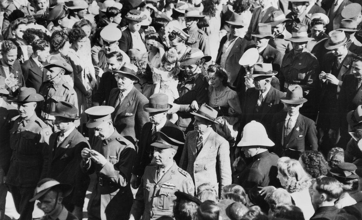 Soldiers participate in the VJ Day procession in Brisbane, 1945