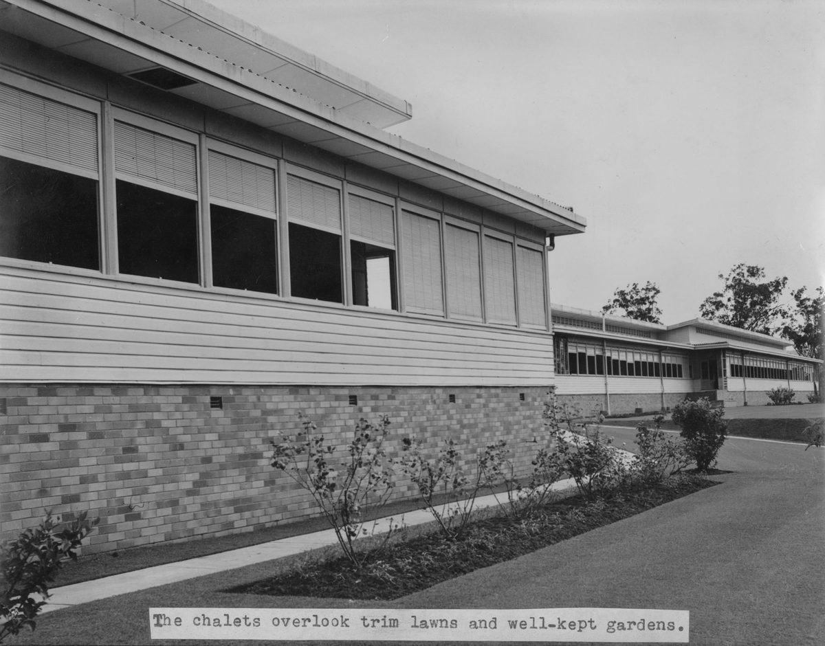 Hospital wards overlooking the well maintained grounds of the Kenmore Sanatorium, Brisbane, 1950