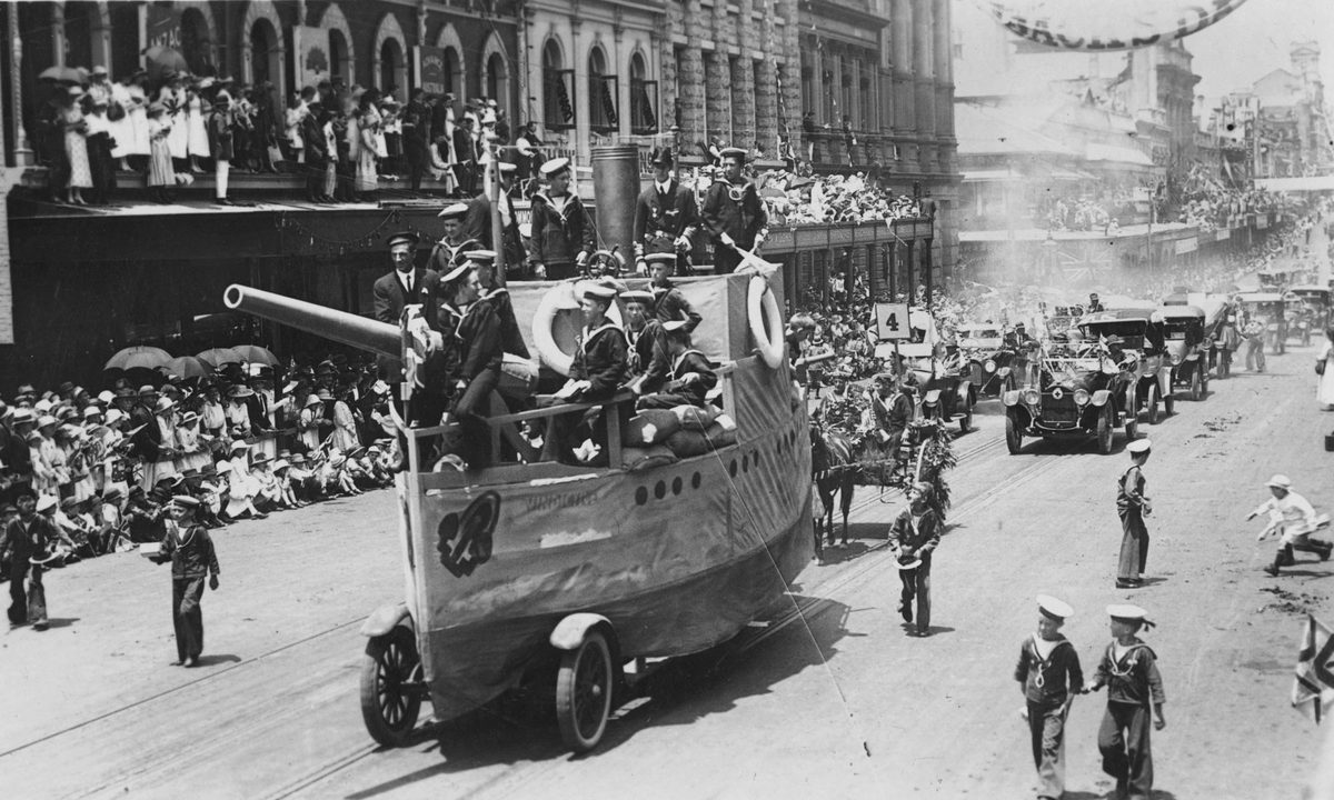 H.M.S. Vindictive float on Peace Celebration Day, Brisbane, 1918
