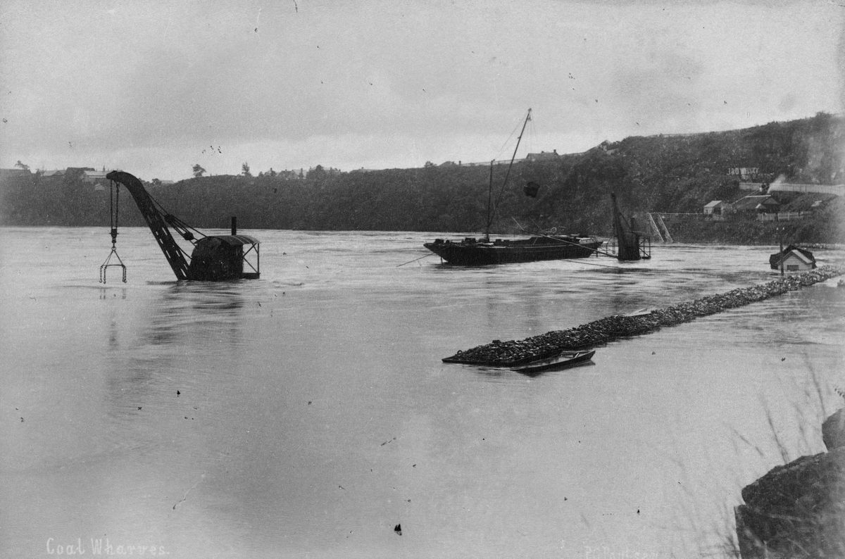 South Brisbane Coal Wharves inundated with floodwaters from the Brisbane River, 1890