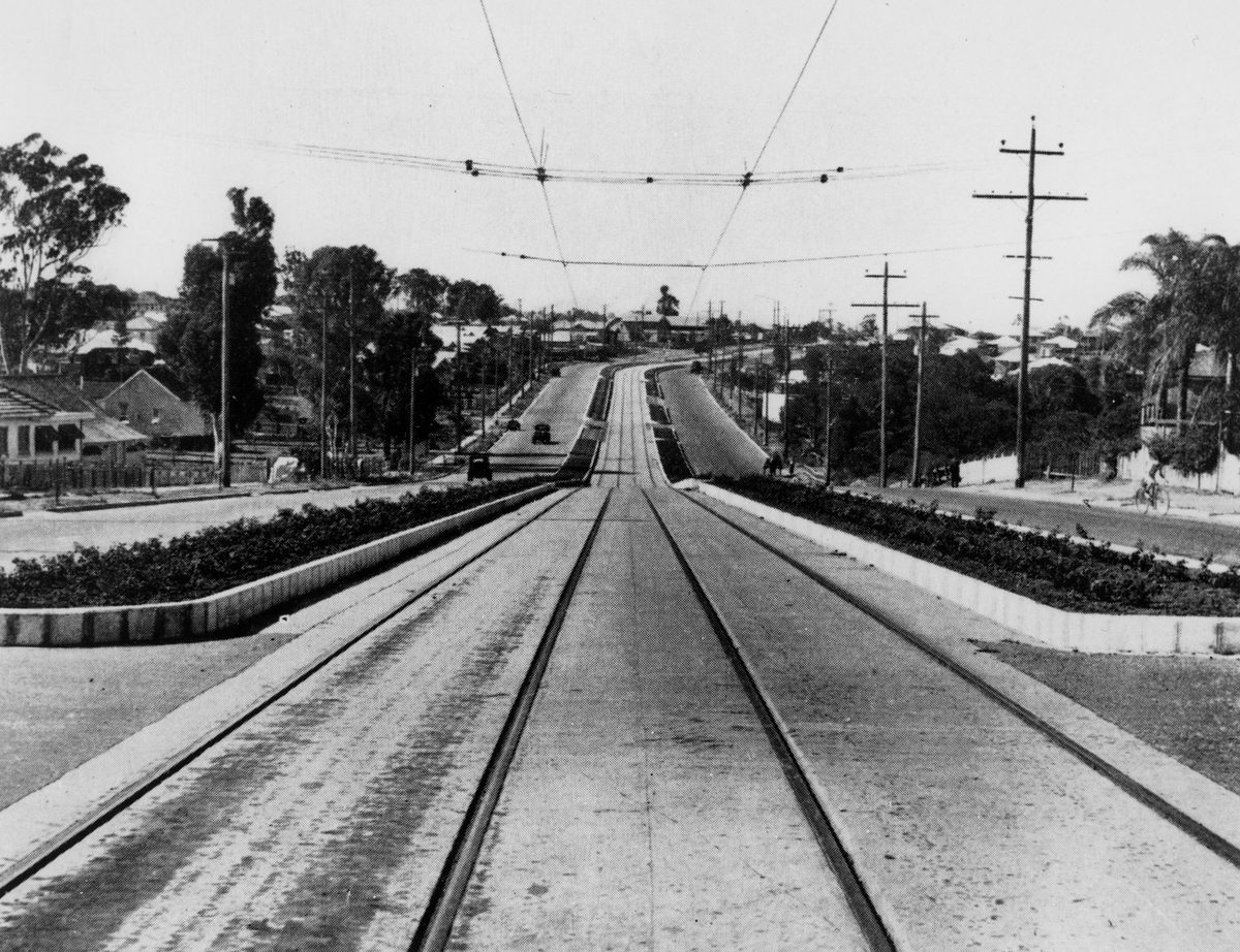 Tramlines along Gympie Road at Chermside, 1948