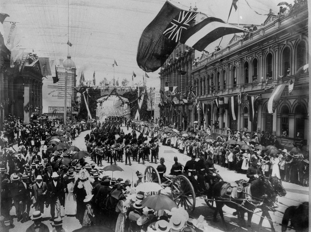 Procession with the Imperial Troops, Queen Street, Brisbane, Queensland, 1901, Brisbane City