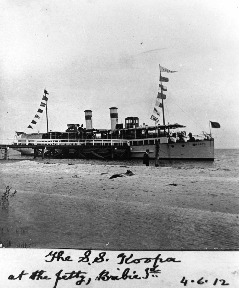 Passenger ferry S.S. Koopa at the jetty at Bribie Island, Queensland, 1912
