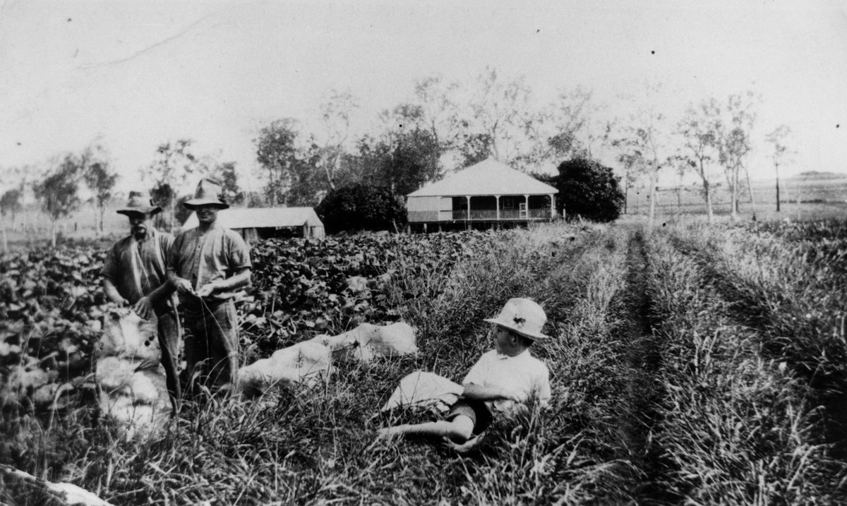 Young boy relaxes while two men work on Sid Albury's farm at Brackenridge, Brisbane, 1935, Bracken Ridge
