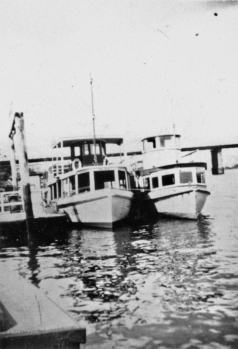 Two boats moored on the Brisbane River, 1938, South Brisbane Reach